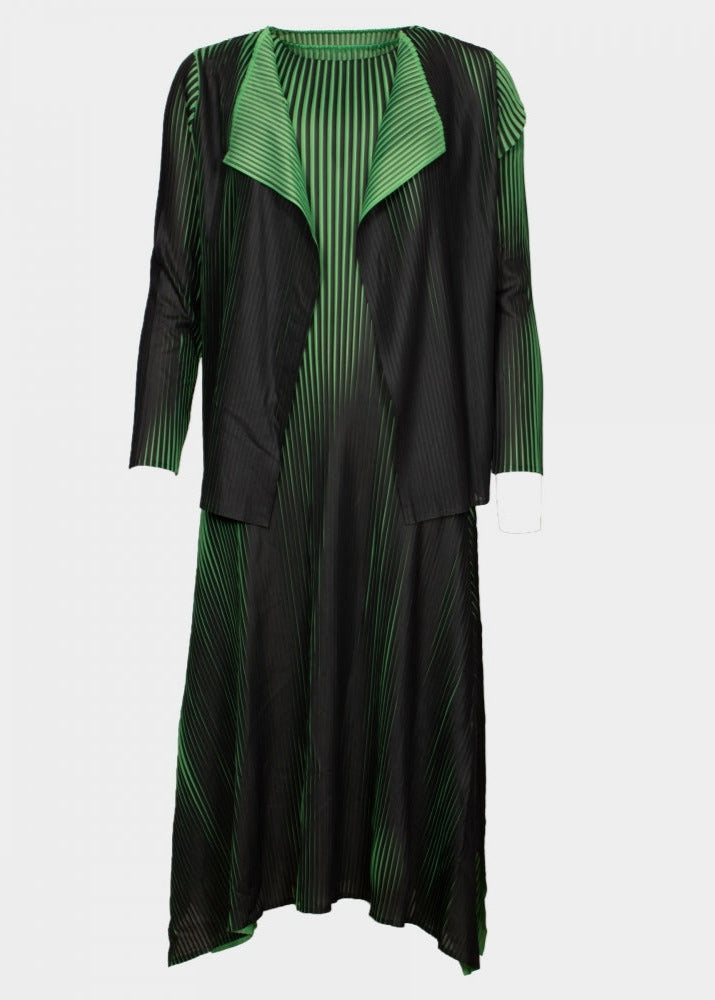 Helena green and black sleeveless trapeze pleated dress