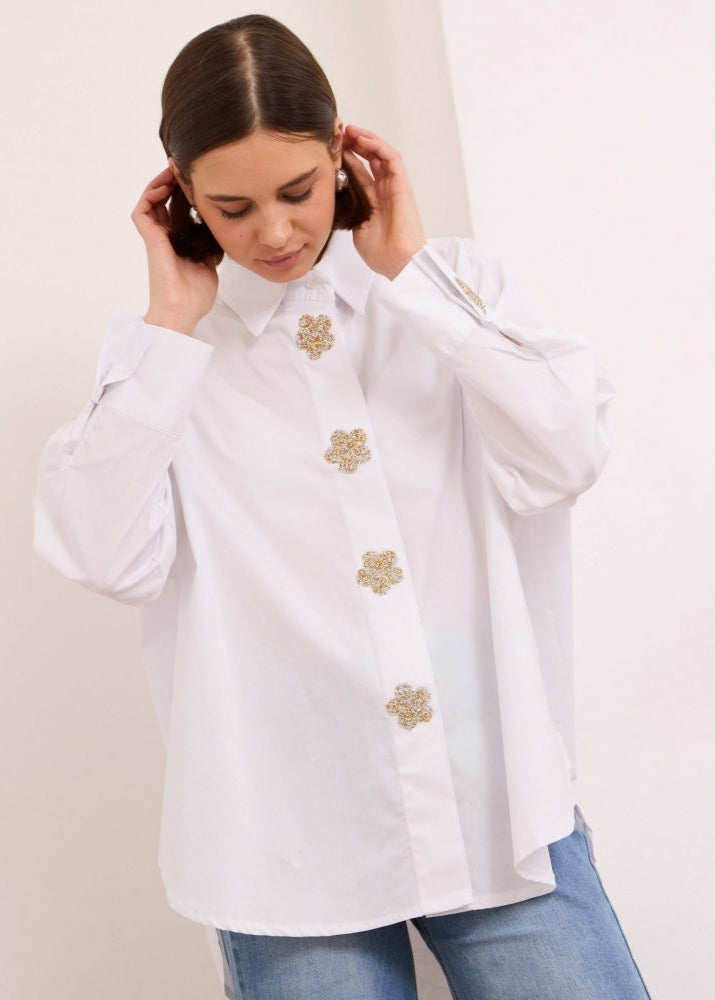 Innara white cotton relaxed fit embellished white shirt