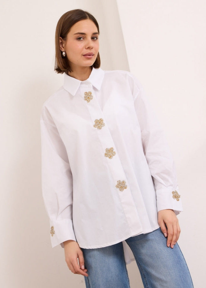 Innara white cotton relaxed fit embellished white shirt