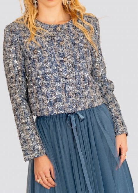 Mahe navy sequin collarless waisted jacket