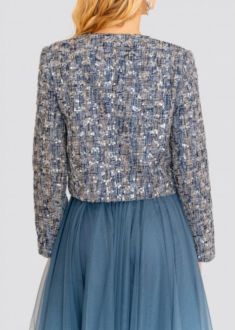 Mahe navy sequin collarless waisted jacket
