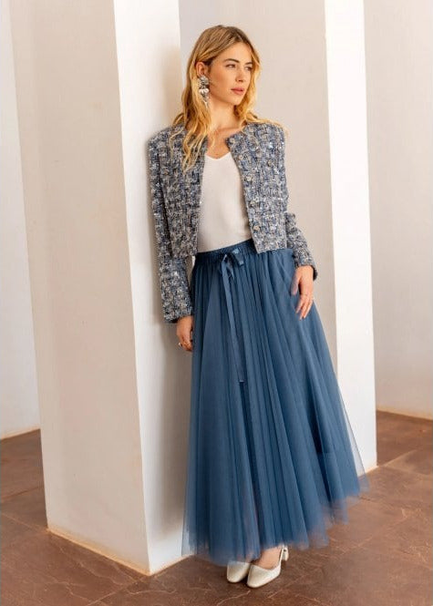 Mahe navy sequin collarless waisted jacket
