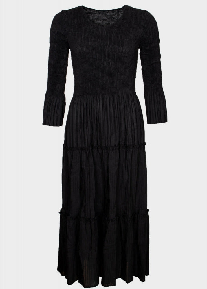 Maisie black long sleeved semi pleated tiered hem maxi dress
