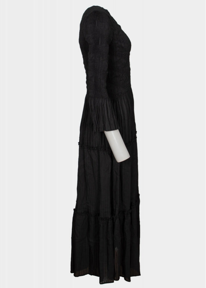 Maisie black long sleeved semi pleated tiered hem maxi dress
