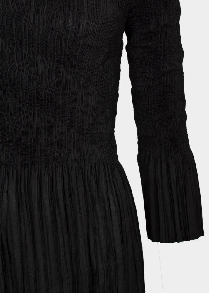 Maisie black long sleeved semi pleated tiered hem maxi dress