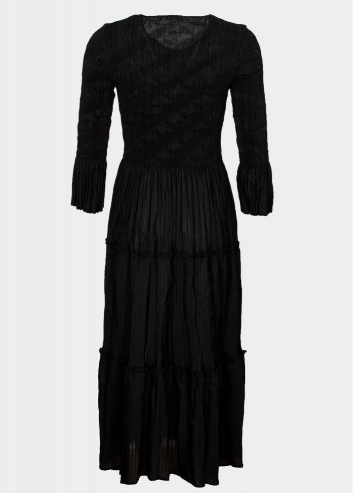 Maisie black long sleeved semi pleated tiered hem maxi dress