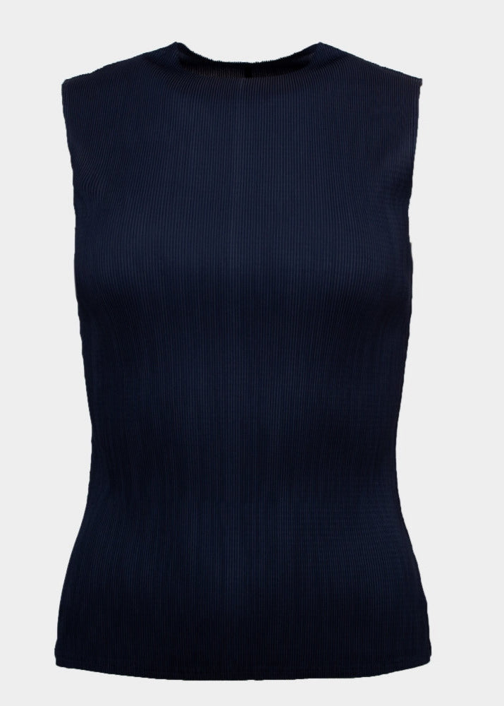 Pippa navy sleeveless pleated round neck top