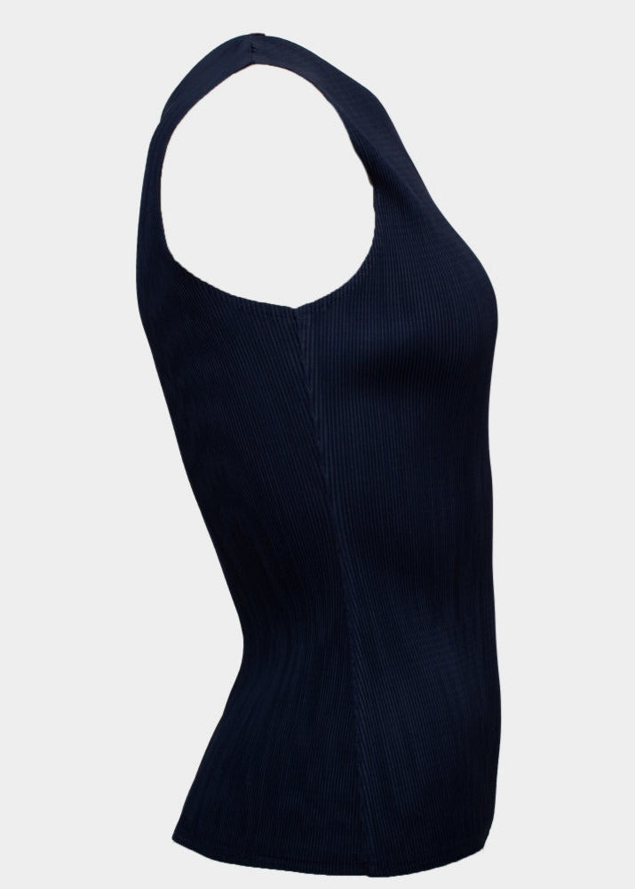 Pippa navy sleeveless pleated round neck top