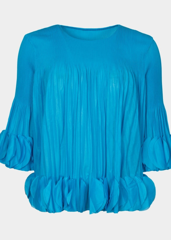 Ria electric blue part pleat part chiffon ruffle pleated top