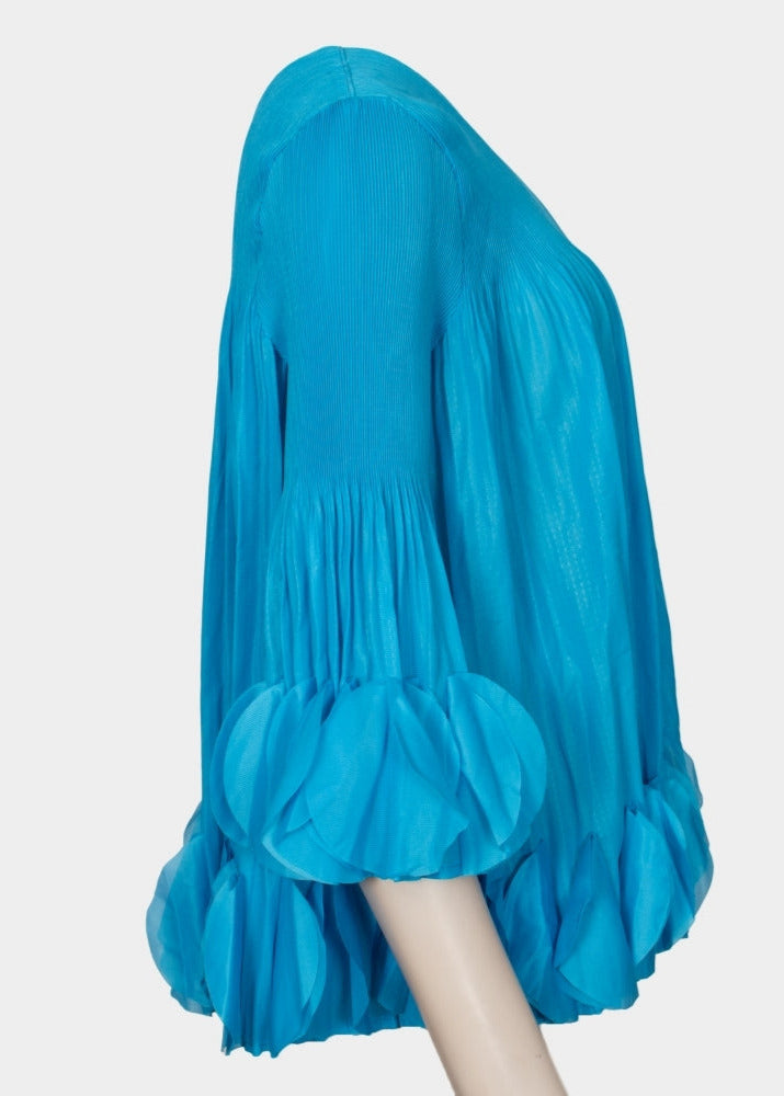 Ria electric blue part pleat part chiffon ruffle pleated top