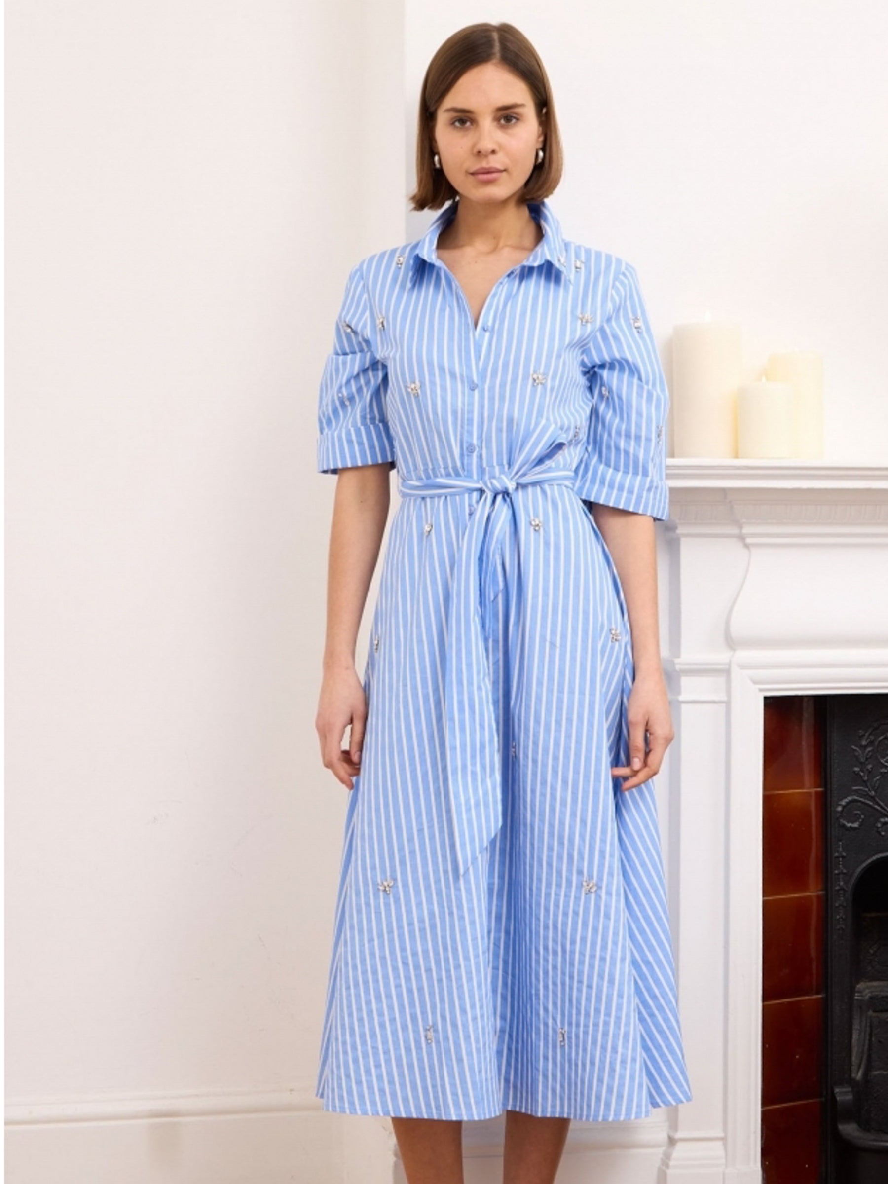 Roya blue pinstripe embellished midi length shirt dress
