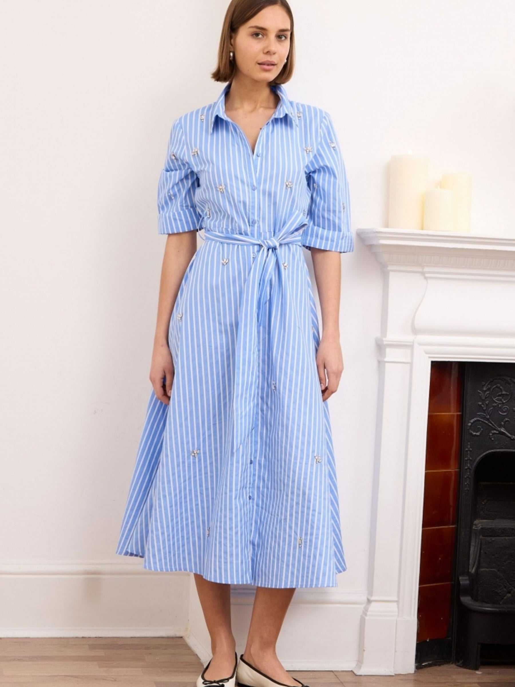 Roya blue pinstripe embellished midi length shirt dress