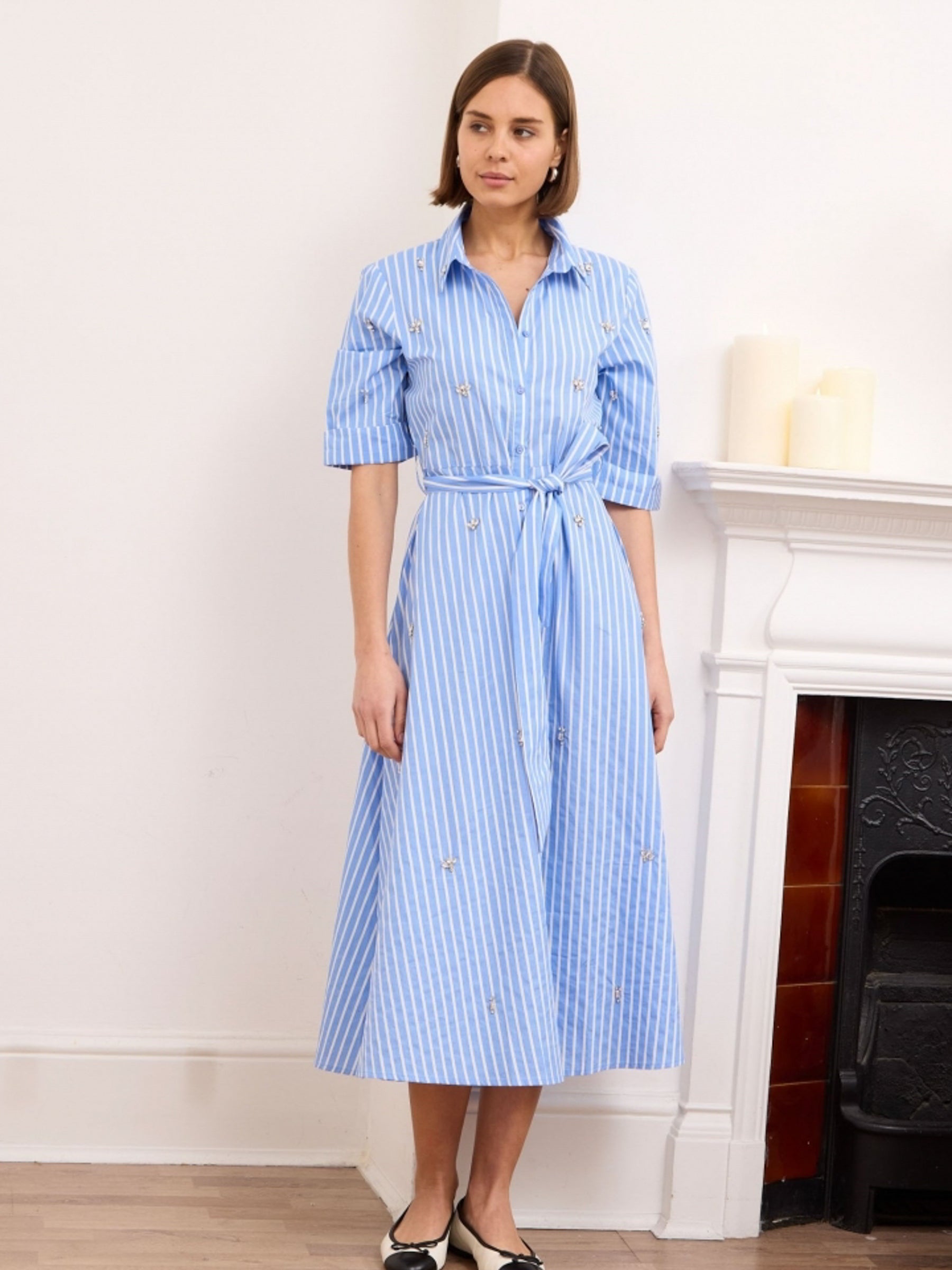 Roya blue pinstripe embellished midi length shirt dress