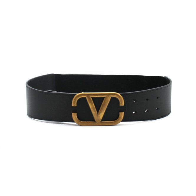V buckle black part leather part elastic belt