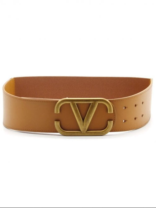 V buckle tan part leather part elastic belt