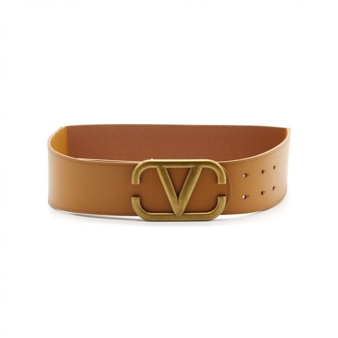 V buckle tan part leather part elastic belt